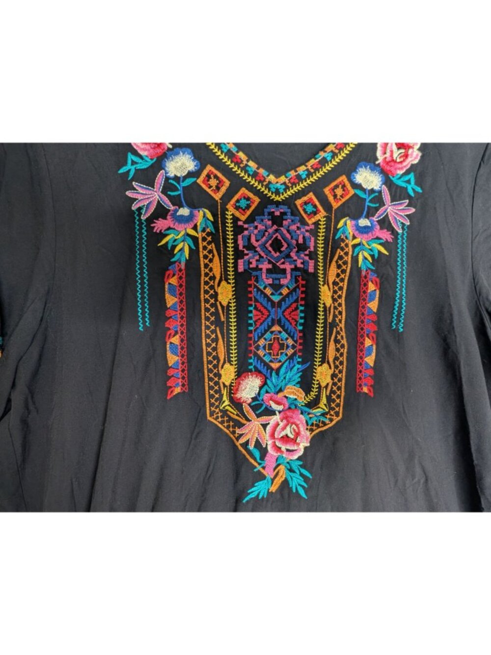 Boho Embroidered Black Mini Dress V Neck Short Sleeve Floral Casual Peasant XL S - Picture 4 of 13
